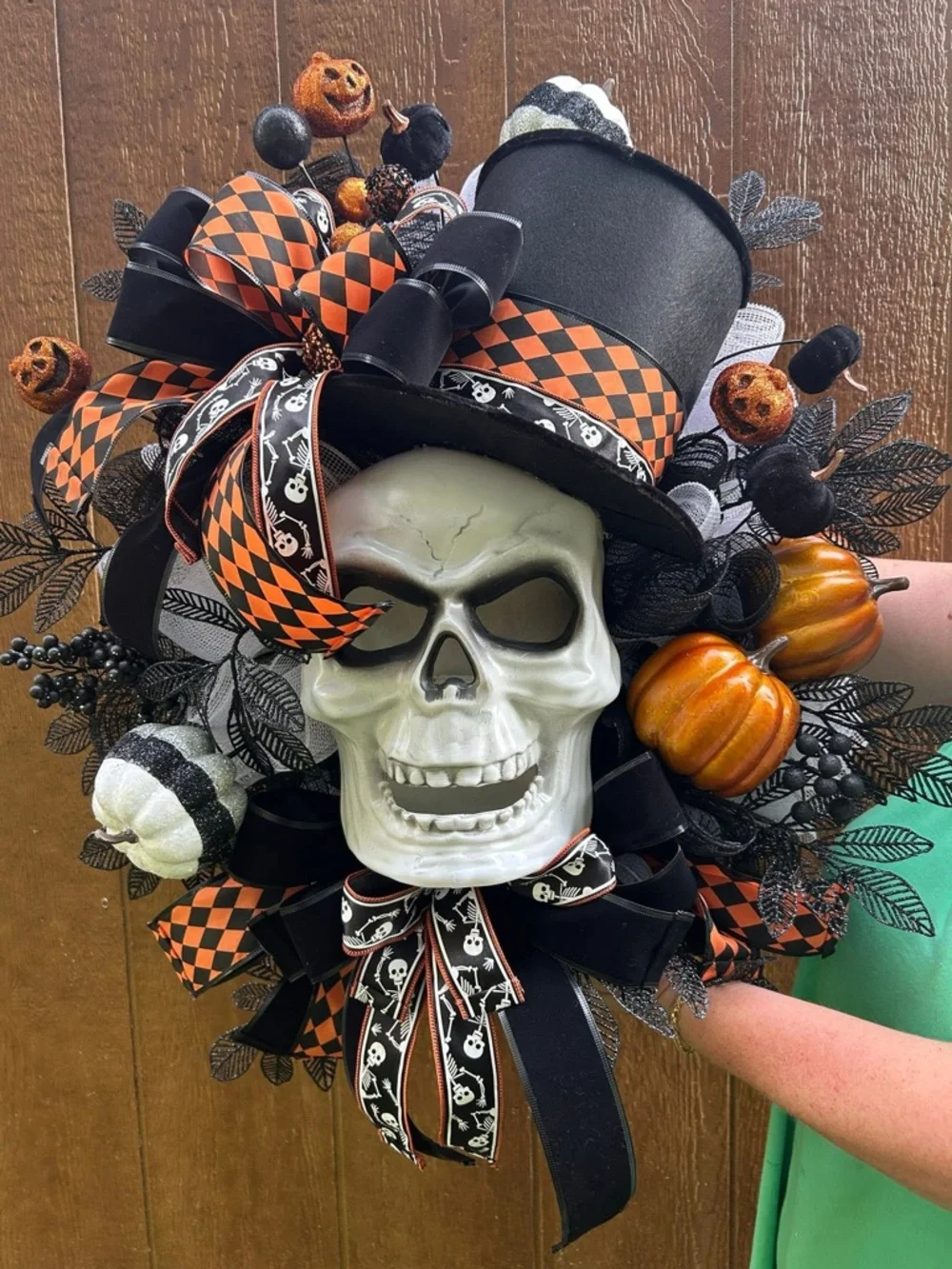 Handmade Halloween Skull Top Hat Wreath with Orange & Black Accents. Lights up!!
